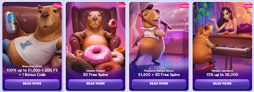 Discover top SpinBara Casino bonuses โ daily and weekend reloads, cashback offers, and a generous welcome pack with free spins. SpinBara Casino promotions featuring capybaras: welcome bonus with 100% up to $1,000 + 200 free spins, weekly reload of 50 free spins, weekend reload bonus of $1,400 + 50 free spins, and 15% weekly cashback up to $6,000.