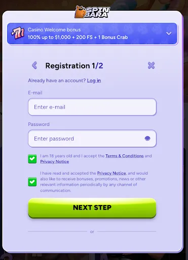 Spinbara Casino registration form with welcome bonus offer and email/password fields
