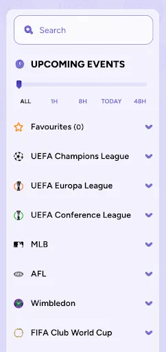 Sidebar menu displaying upcoming sports events including UEFA leagues, MLB, AFL, Wimbledon, and FIFA Club World Cup