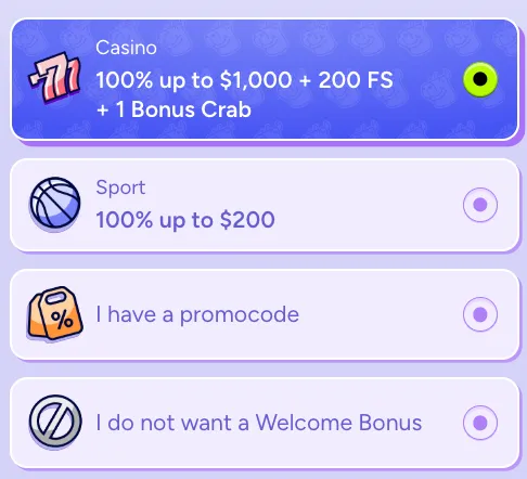 Choose your SpinBara Casino welcome offer: casino or sports bonus, promocode entry, or no bonus option. Bonus selection menu at SpinBara Casino showing four options: Casino bonus 100% up to $1,000 + 200 free spins + 1 Bonus Crab, Sport bonus 100% up to $200, input for a promocode, and an option to decline the welcome bonus.