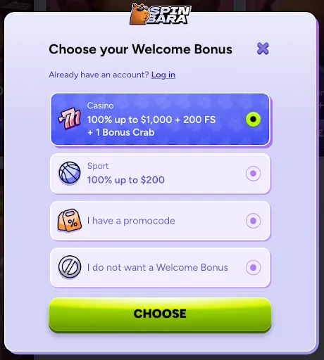 SpinBara Casino โ Select your welcome offer: casino, sports, promocode, or no bonus. SpinBara Casino welcome bonus selection window featuring options: Casino bonus 100% up to $1,000 + 200 free spins + 1 Bonus Crab, Sport bonus 100% up to $200, enter a promocode, or proceed without a bonus.