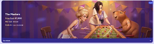 The Masters sports tournament banner showing two women and a capybara playing table football