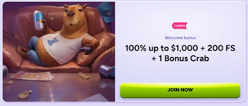 Casino welcome bonus 100% up to $1,000, 200 free spins, and 1 Bonus Crab