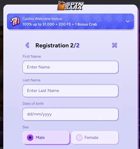 Complete SpinBara registration by entering your personal details and claim the casino welcome bonus. SpinBara registration form โ step 2 of 2 with fields for name, birthdate, and gender selection, under the selected casino welcome bonus of 100% up to $1,000 + 200 free spins + 1 Bonus Crab.