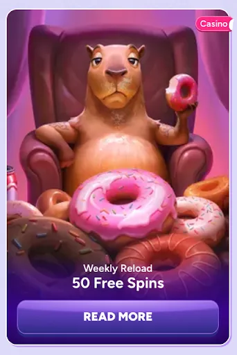Enjoy 50 Free Spins every week with the Weekly Reload Bonus at SpinBara Casino Weekly Reload Bonus: 50 Free Spins with Donut-Loving Capybara