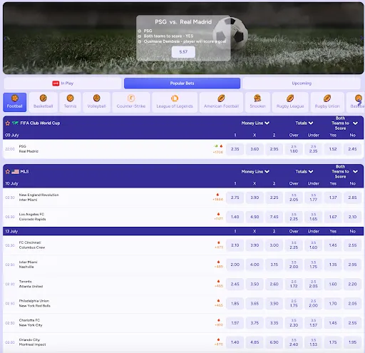 Sports betting interface showing upcoming football matches, odds, and popular bets for FIFA Club World Cup and MLS