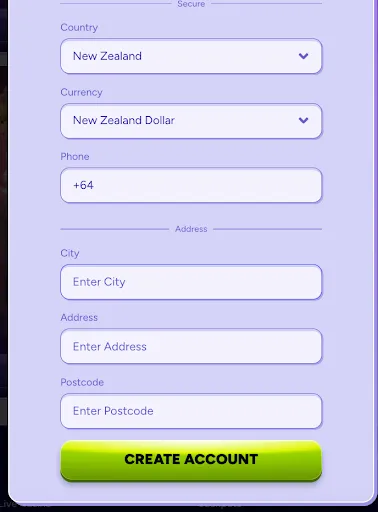 Complete your SpinBara registration by providing address and contact details, then click โCreate Accountโ to get started. SpinBara registration form โ country set to New Zealand, with currency, phone number, city, address, and postcode fields visible, and a green โCreate Accountโ button at the bottom.